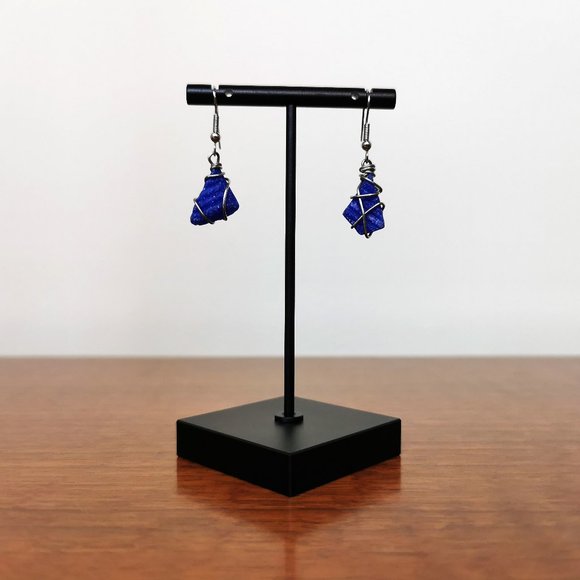 Silver Wire Wrapped Blue Tile Asymmetric Earrings - Picture 6 of 9